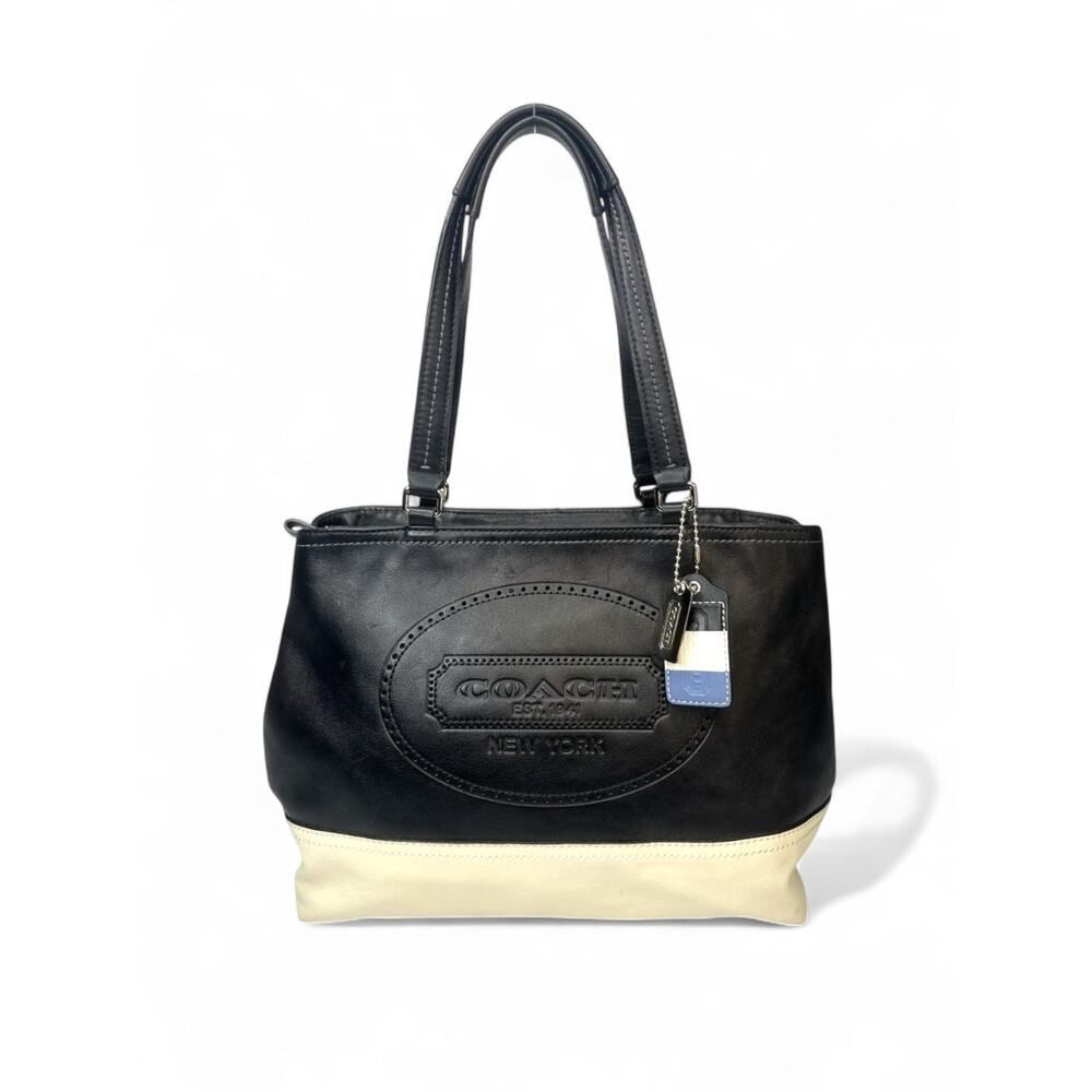 Rare Vintage Coach Hampton Weekend Perforated Leather Tote Bag White Black Style